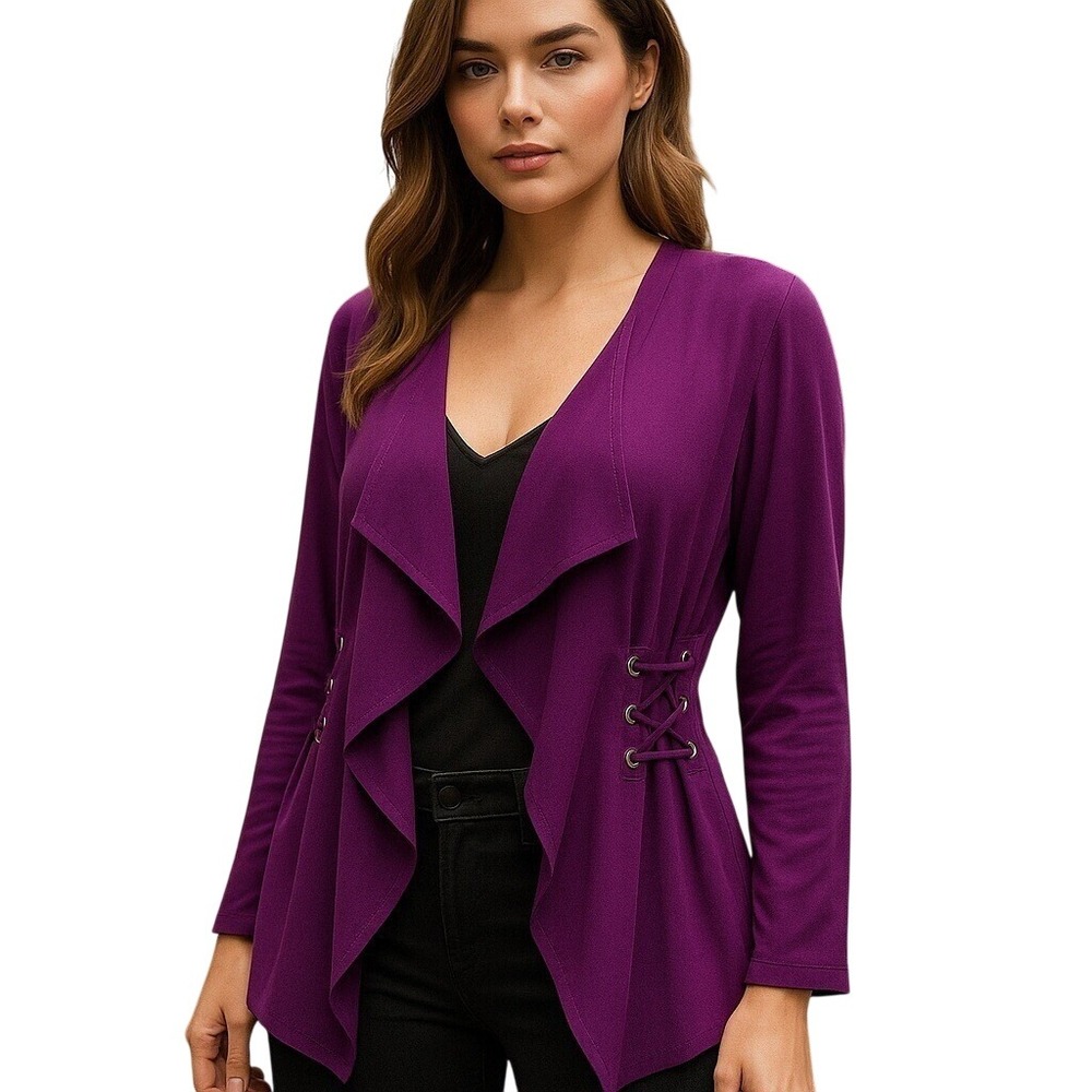 Lace Up Cardigan Draped‎ Open Front Long Sleeve Purple Women's Top L